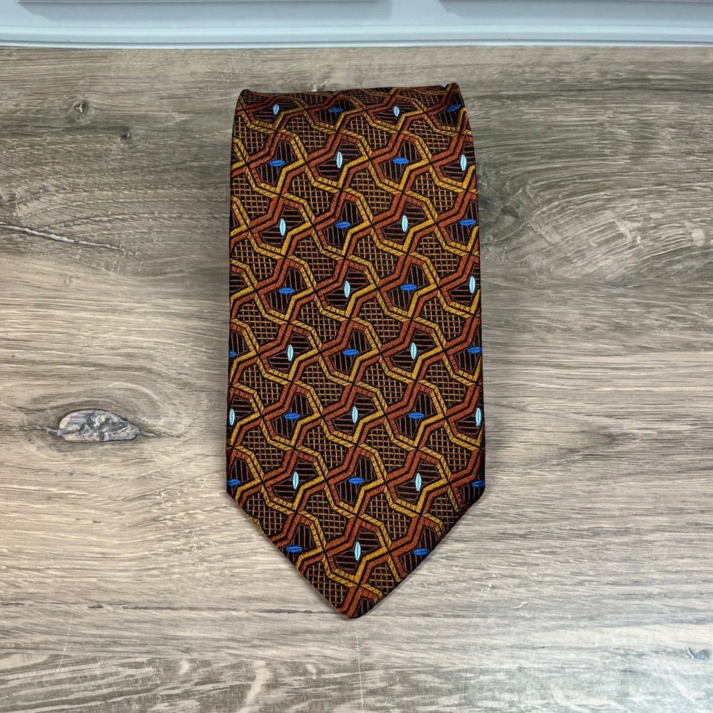 Jos.‎ A. Bank Necktie Mens Orange Gold Geometric Silk Made in Italy Wide Tie